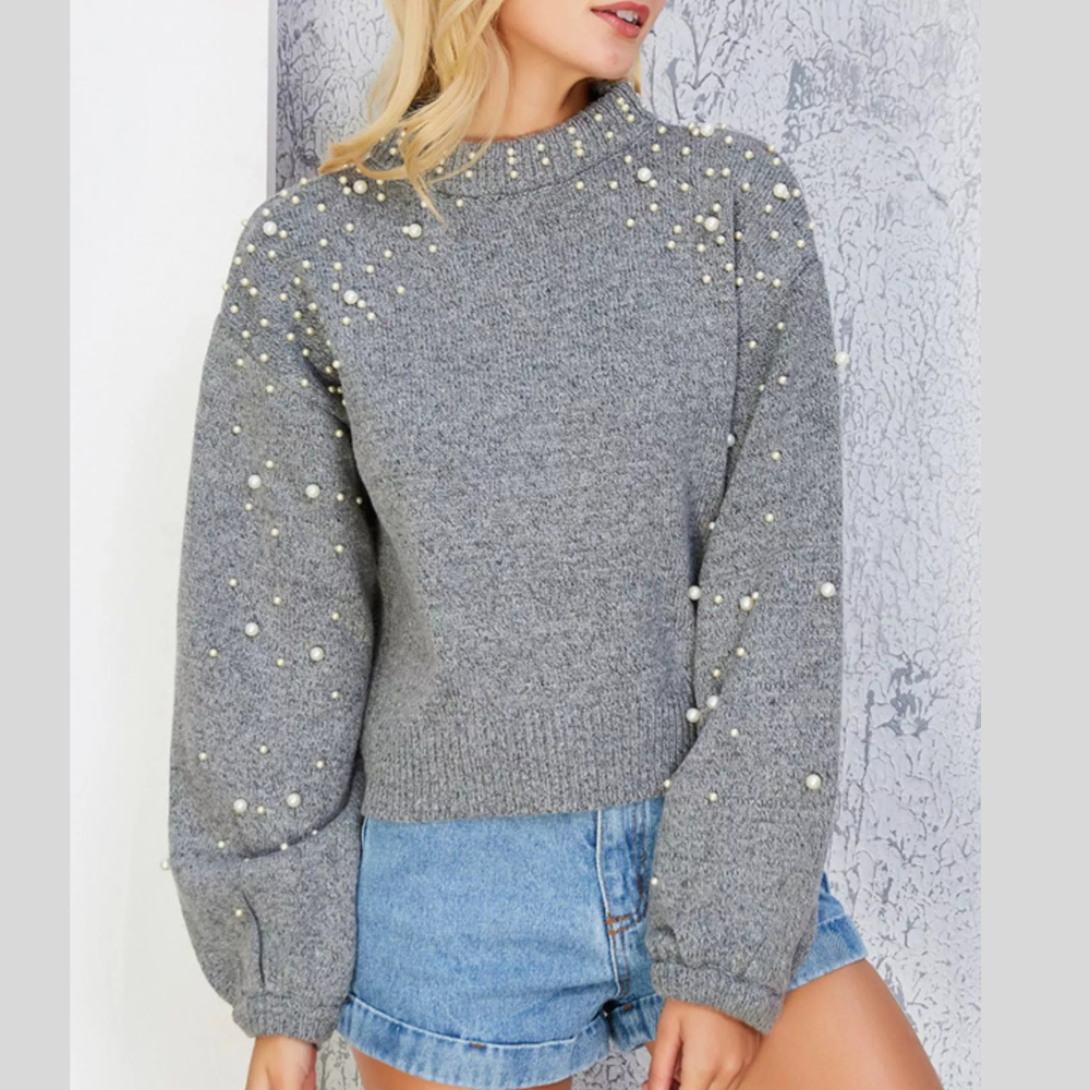 Pearl-Embellished Mock Neck Sweater