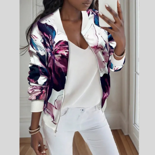 Women's Polka Dot Print Baseball Collar Casual Long Sleeve Jacket