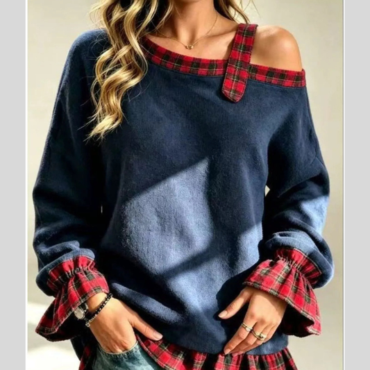 Full Size Cold-Shoulder Plaid Patchwork Long Sleeve Top Plus Size