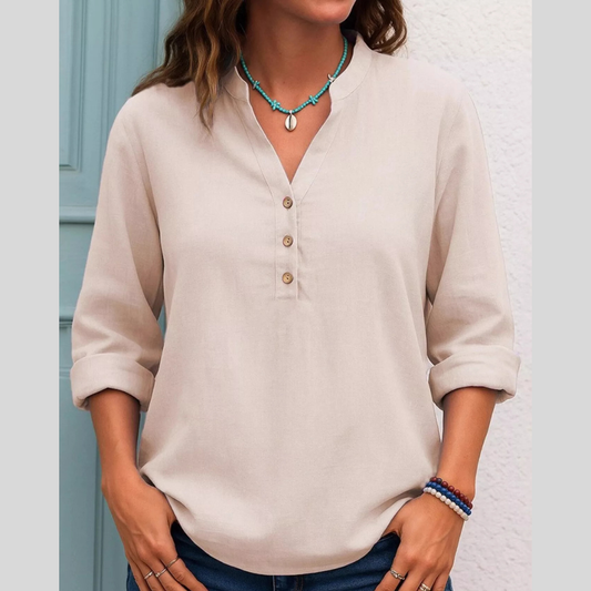Full Size Button Detail Notched Long Sleeve Blouse Plus Size