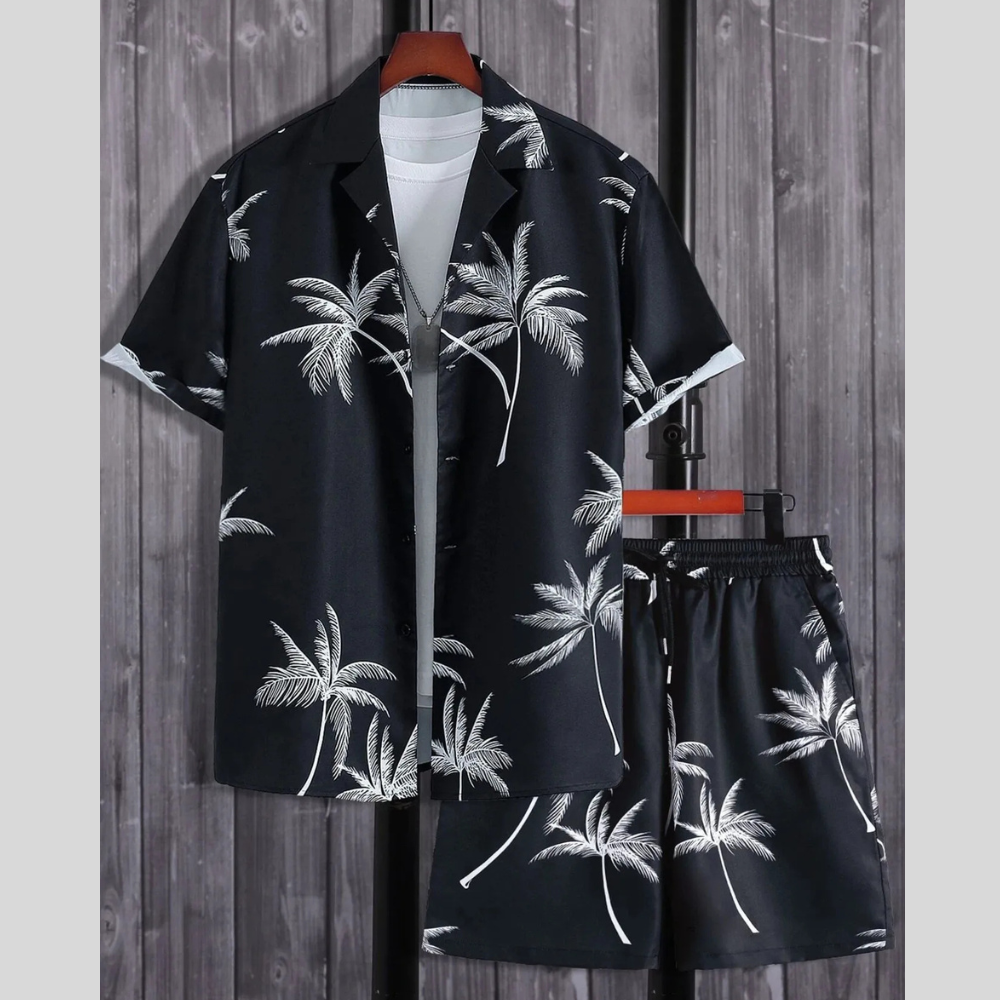 Men's Full Size Palm Print Button Up Shirt and Shorts Set Plus Size