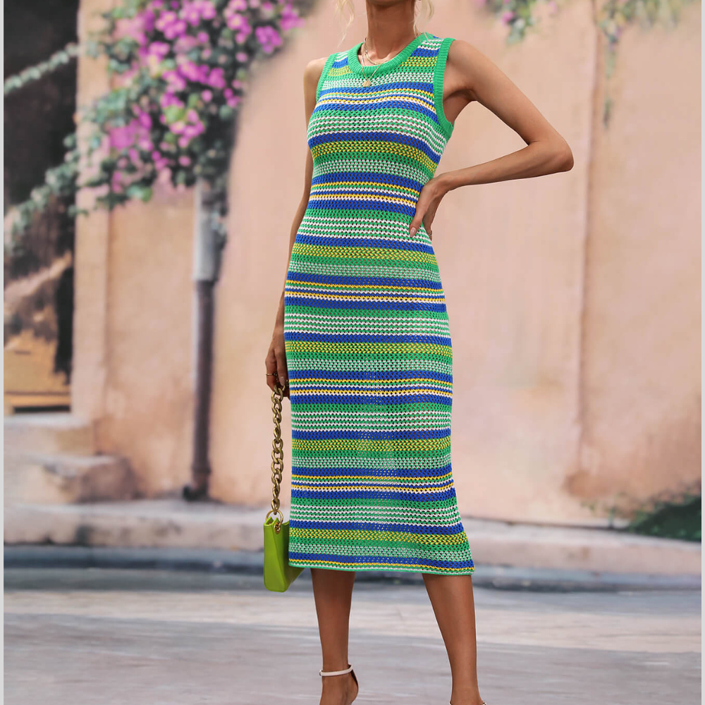 Striped Round Neck Sleeveless Midi Cover Up Dress