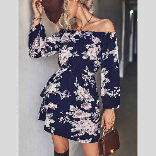 Off-Shoulder Floral Print Long Sleeve Mini Dress