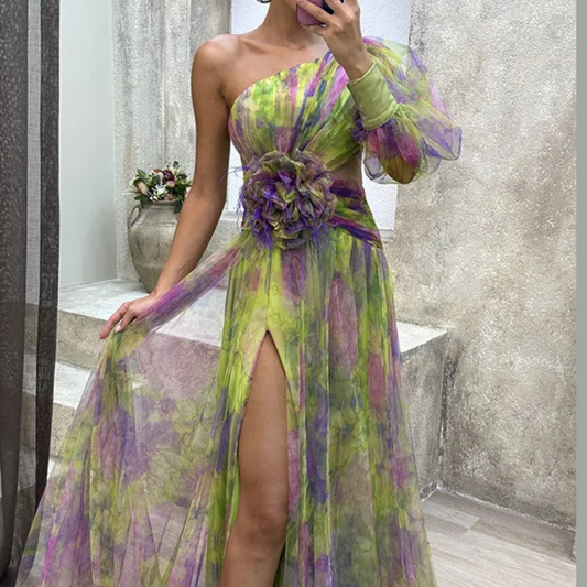 Mesh Tie-dye Printed Off-shoulder Slit Dress Summer INS Fashion Long Dress Party Womens Clothing
