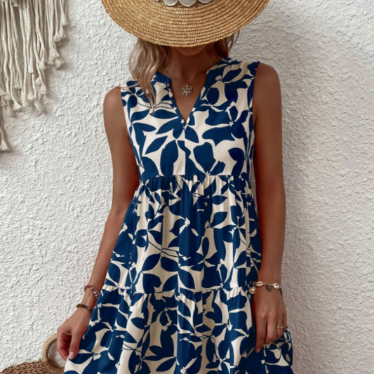 Printed Notched Sleeveless Mini Dress