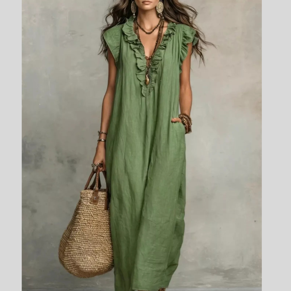 Full Size Ruffled V-Neck Cap Sleeve Maxi Dress Plus Size