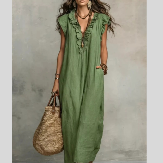 Full Size Ruffled V-Neck Cap Sleeve Maxi Dress Plus Size