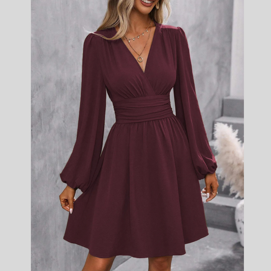 Women's Diagonal Collar Lantern Sleeve Smocking Pleated Waist Dress
