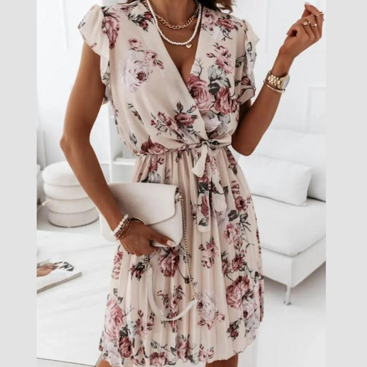 Floral Surplice Ruffled Cap Sleeve Dress
