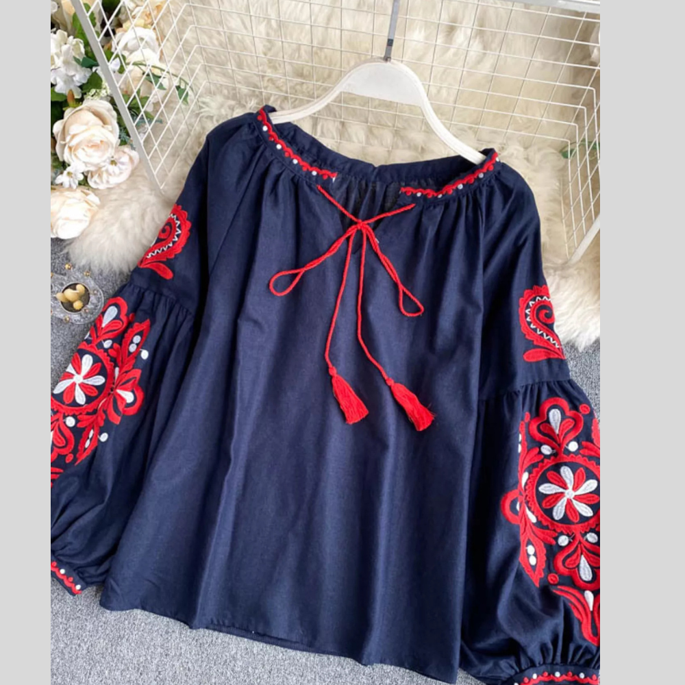 Embroidered Tassel Tie Neck Blouse
