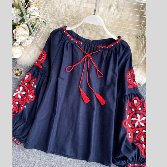 Embroidered Tassel Tie Neck Blouse