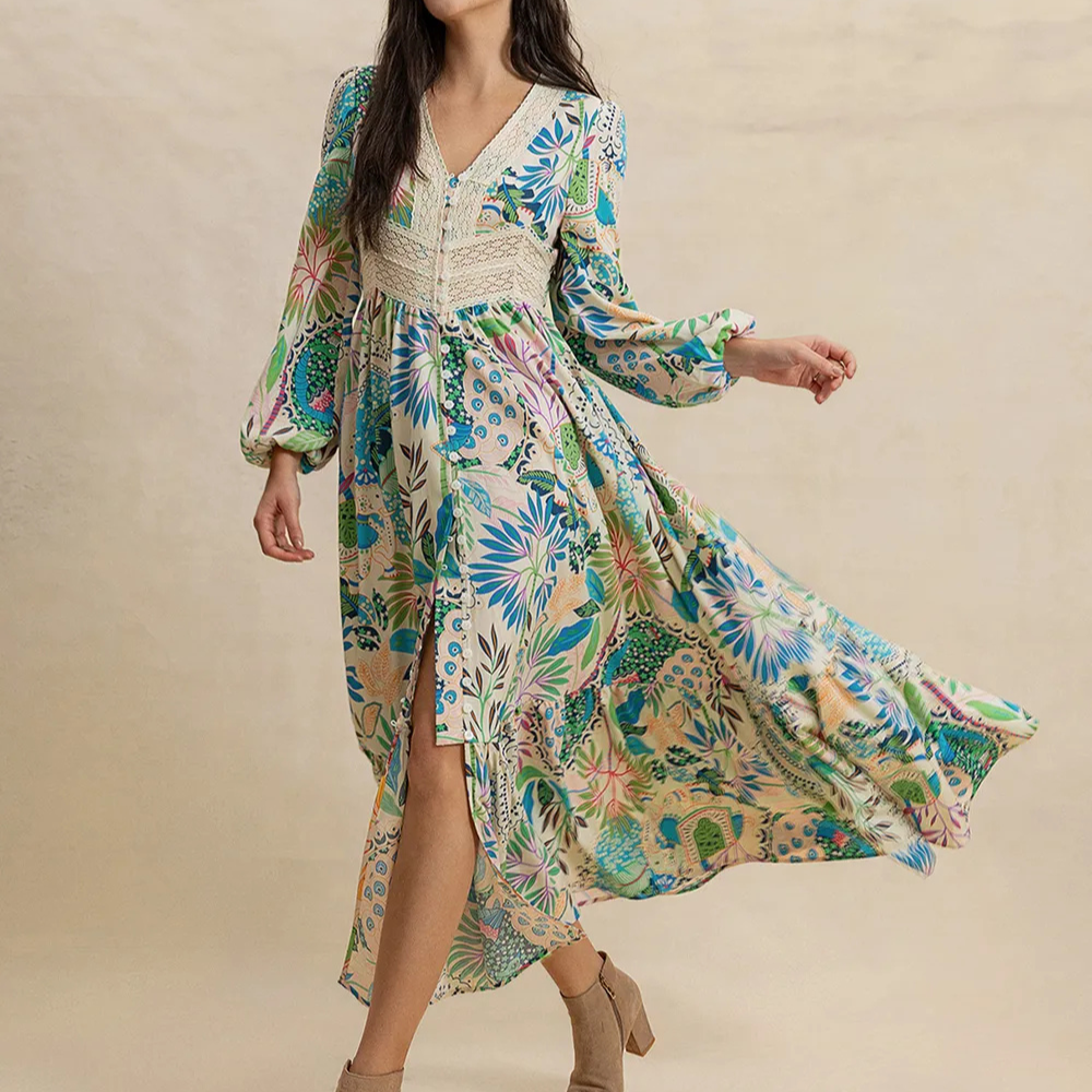 Slit Printed V-Neck Long Sleeve Midi Dress