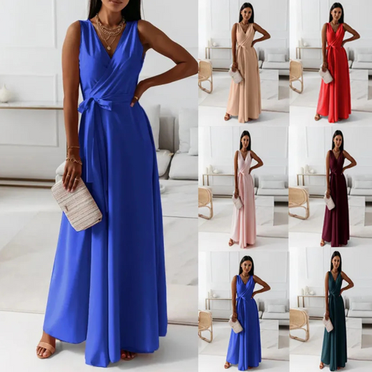 V-neck Sleeveless Dress With Belt Summer Fashion Party Club Evening Maxi Dresses For Women Clothing
