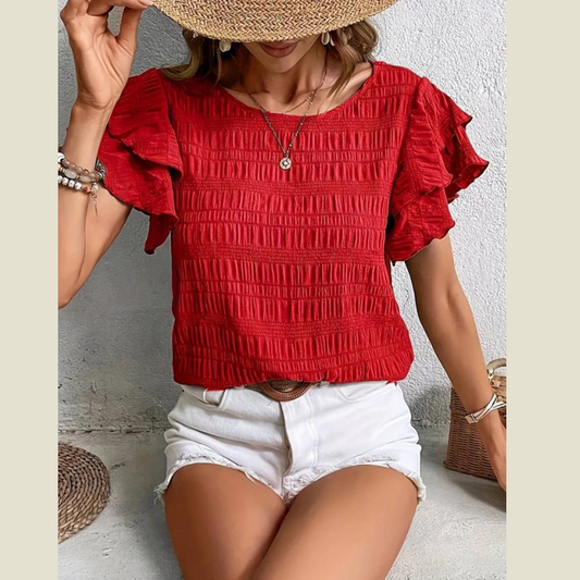 Round Neck Ruffled Short Sleeve Top