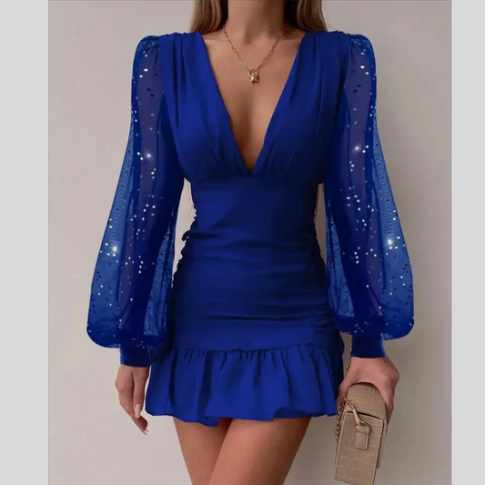 Mid-waist Printed Temperament Commuter Sheath V-neck