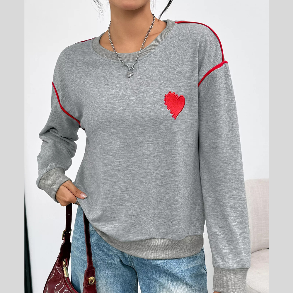 Heart Embroidered Round Neck Sweatshirt
