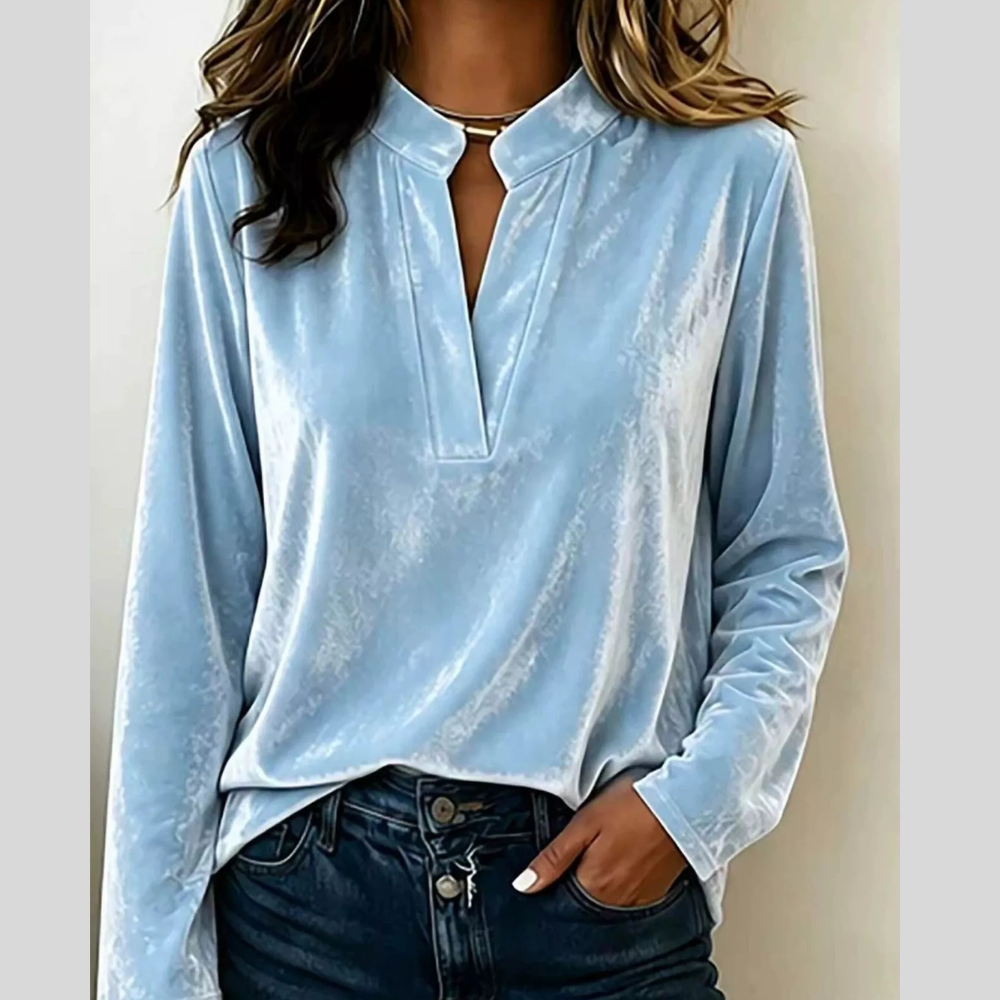 Full Size Velvet Notched Long Sleeve Blouse Plus Size