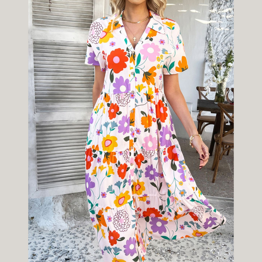 Devine Printed Johnny Collar Button Down Short Sleeve Midi Shirt Dress
