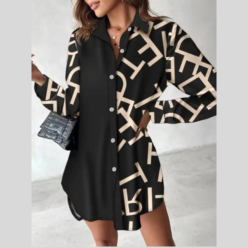 Printed Button Up Long Sleeve Shirt Dress