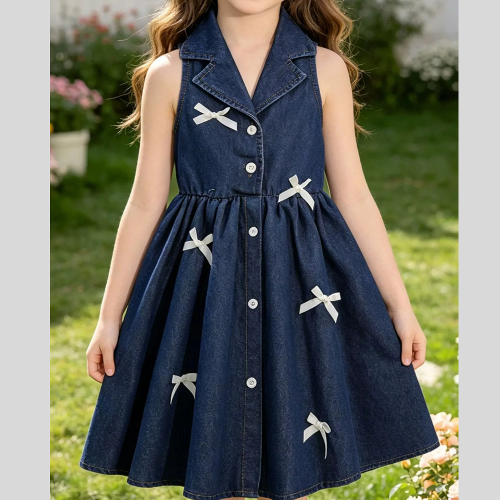 Children's Denim Bowknot Sleeveless Dress