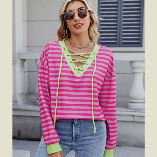 Lace-Up Striped Long Sleeve T-Shirt