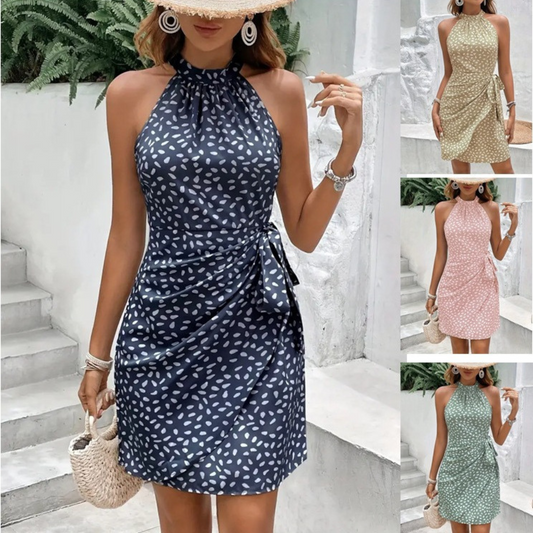 Summer Halterneck Printed Dress With Tied-waist Design Women's Shivering Dots Temperament Dress