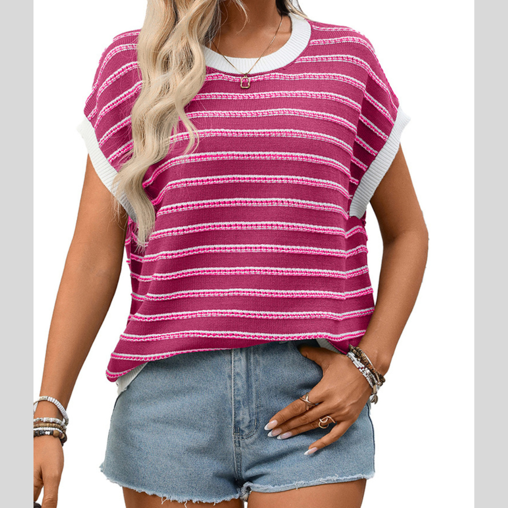 Striped Round Neck Short Sleeve Sweater