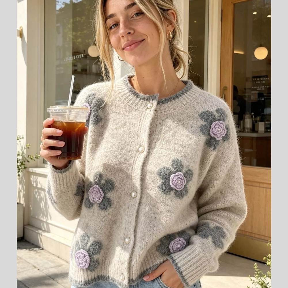 Floral Applique Button-Down Knit Cardigan
