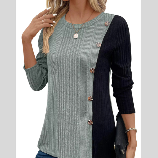 Color Block Ribbed Knit Decor Button T-Shirt
