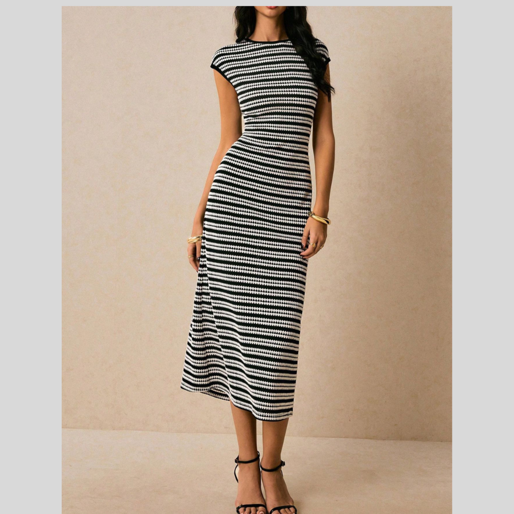 Striped Cap Sleeve Bodycon Midi Dress