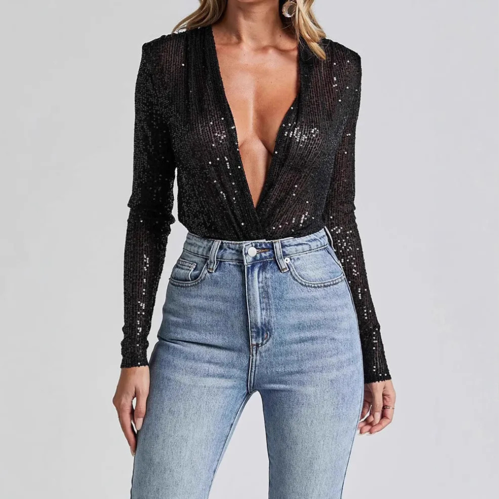 Deep V Women's Sequin Top Long Sleeve Bottoming Jumpsuit
