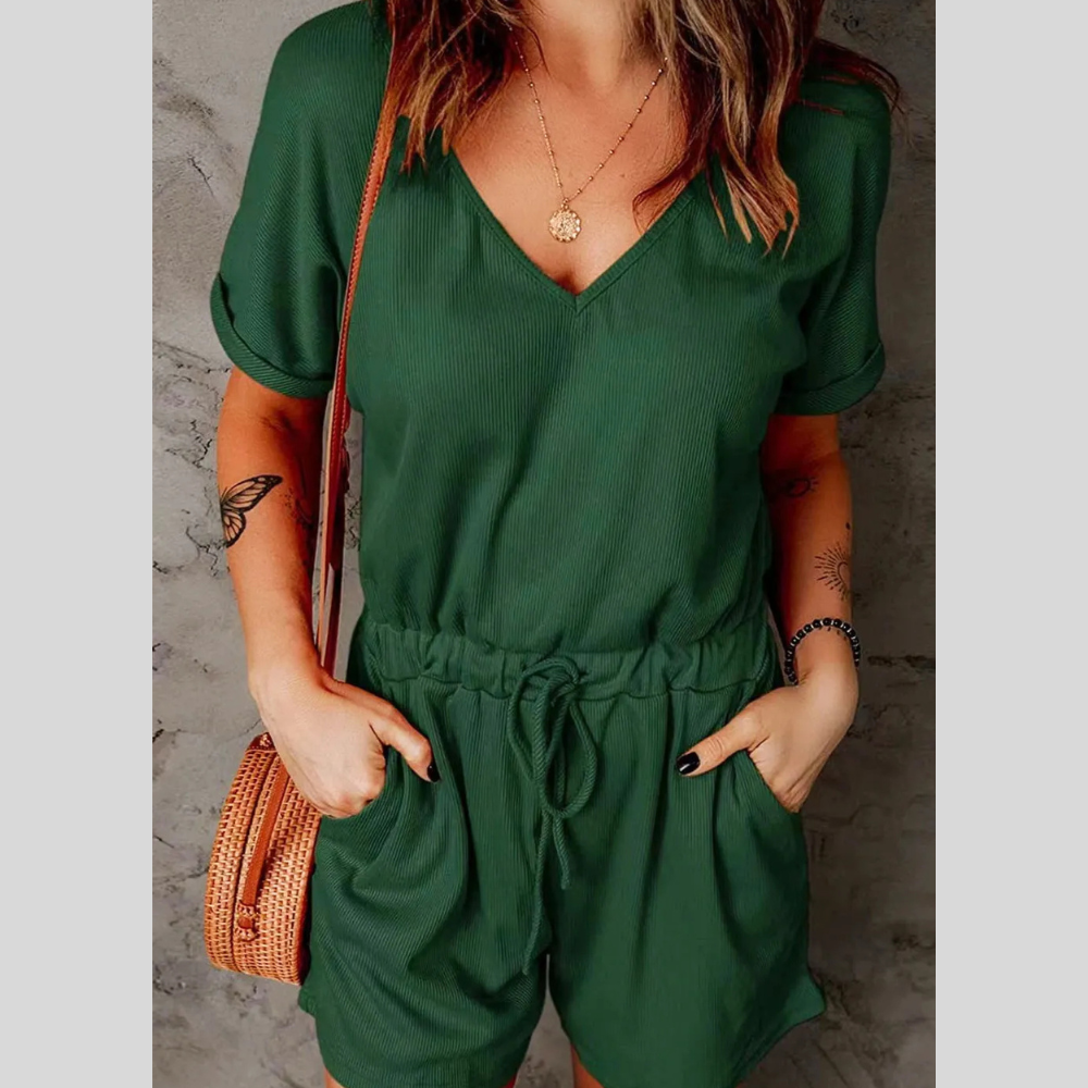 Full Size Drawstring V-Neck Short Sleeve Romper