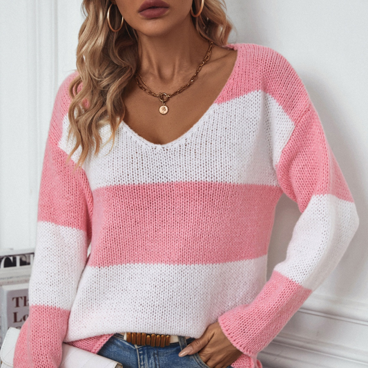 Color Block V-Neck Long Sleeve Sweater