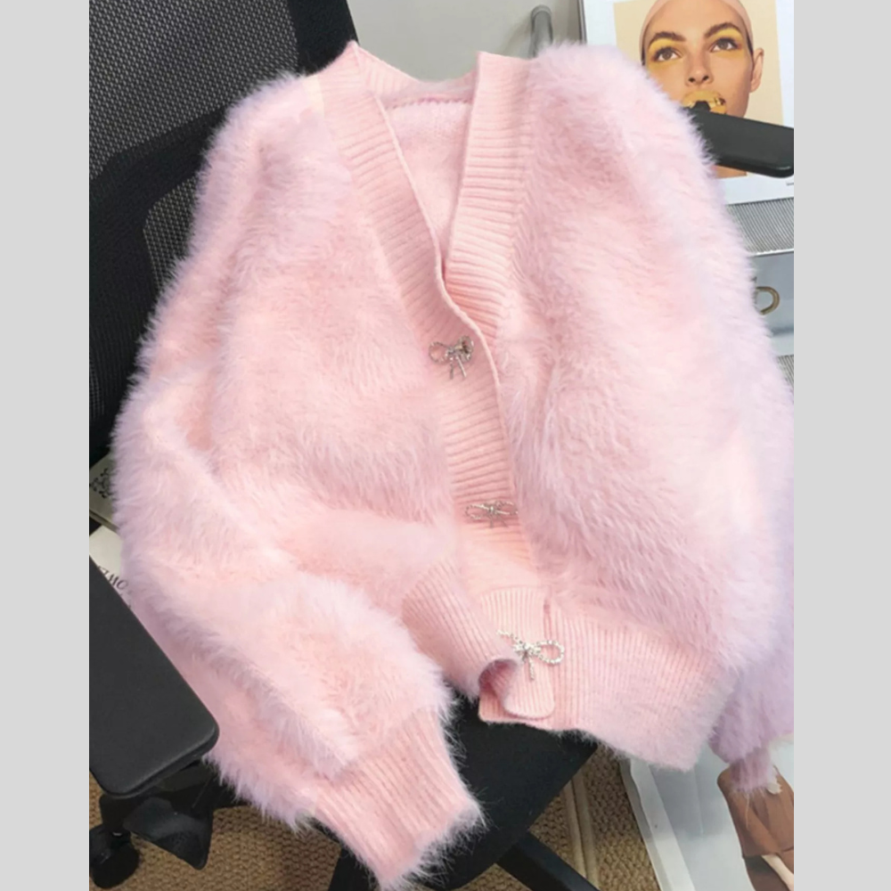 Fuzzy Bow Button Up Cardigan