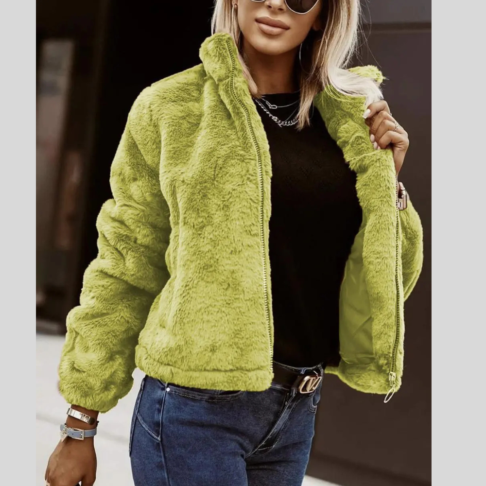 Summer Rabbit Fur Faux Leather Zipper Cardigan Plush Warm Coat