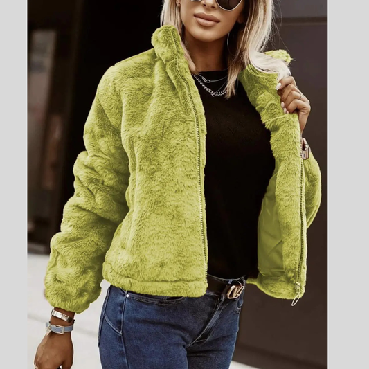 Summer Rabbit Fur Faux Leather Zipper Cardigan Plush Warm Coat