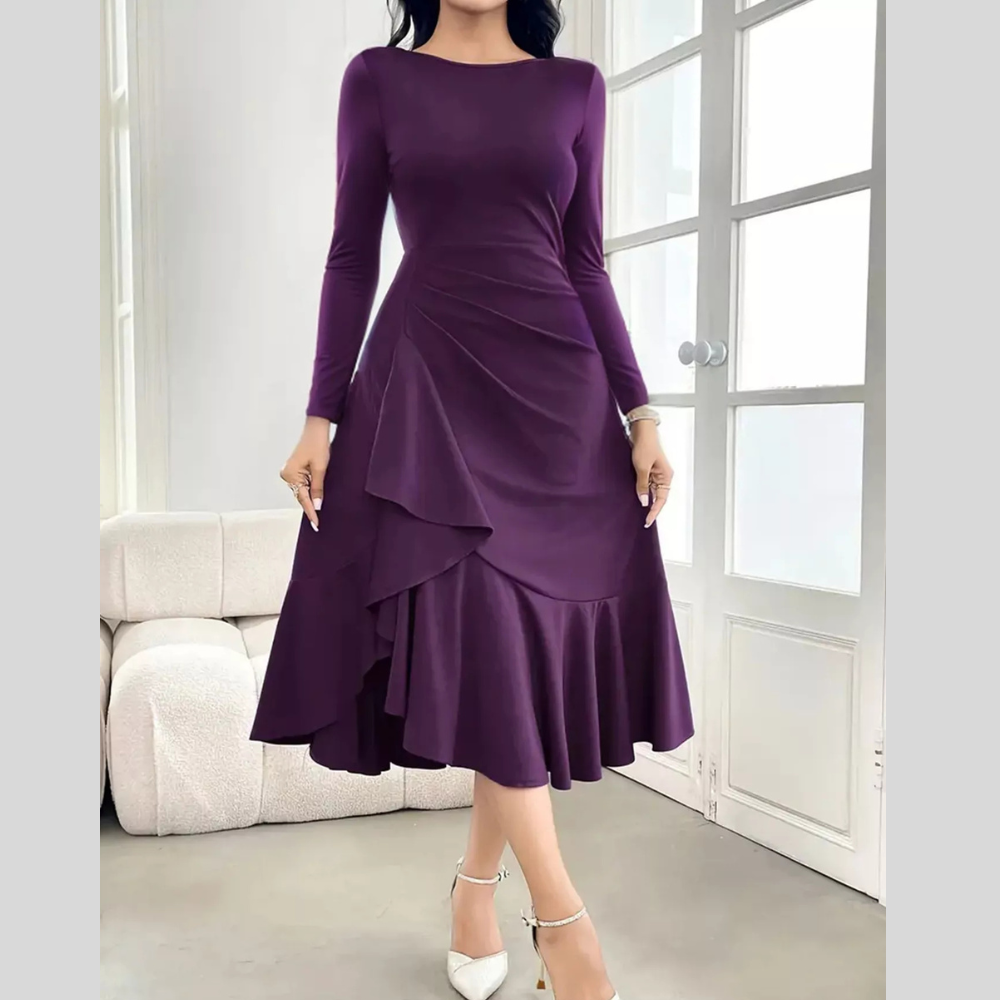 Ruffle Hem Long Sleeve Midi Dress