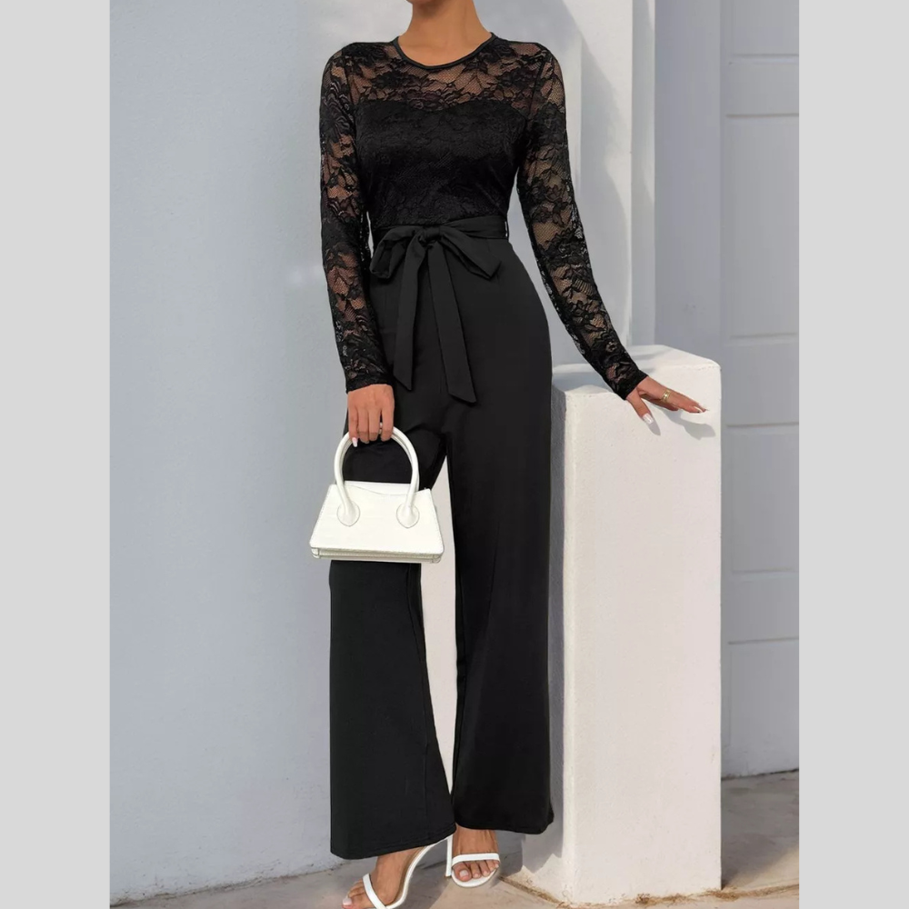 Perfee Lace Round Neck Long Sleeve Jumpsuit