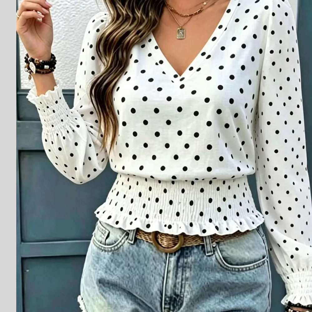 Polka Dot V-Neck Smocked Blouse