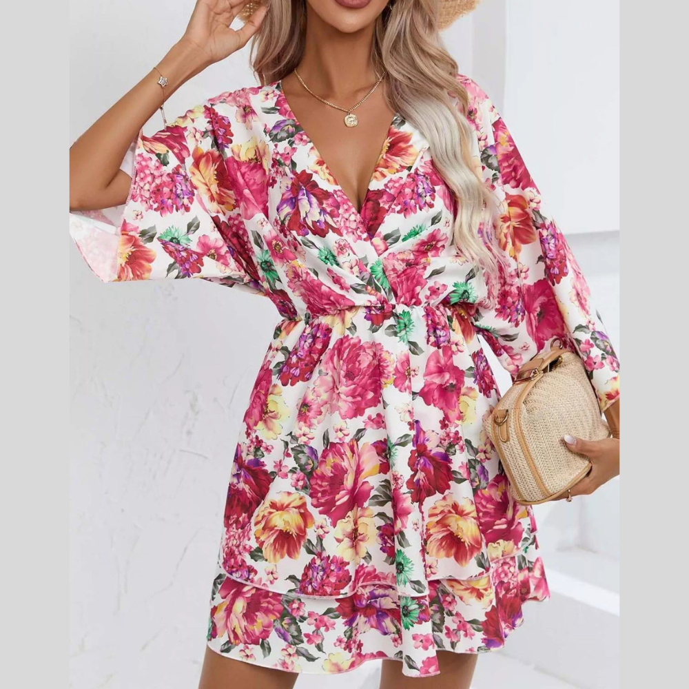 Floral Print Layered Ruffle Hem Mini Dress
