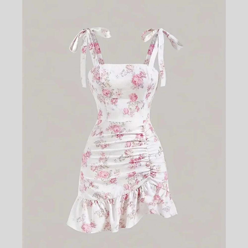 Ruffled Hem Floral Tie-Strap Mini Dress