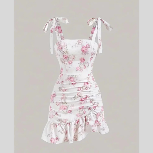 Ruffled Hem Floral Tie-Strap Mini Dress