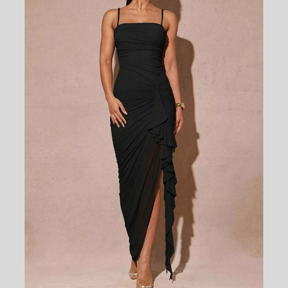 Slit Asymmetrical Hem Spaghetti Strap Maxi Dress