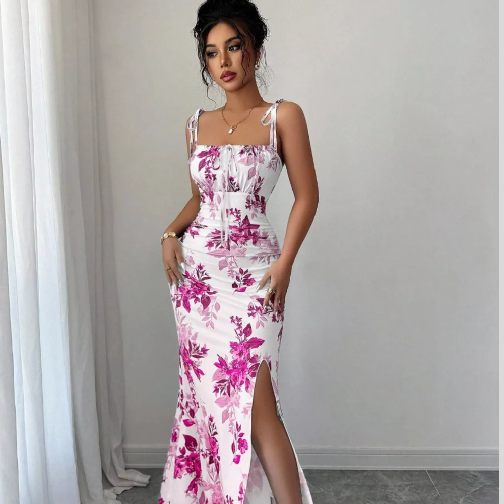 Printed Tie Strap Slit Maxi Dress
