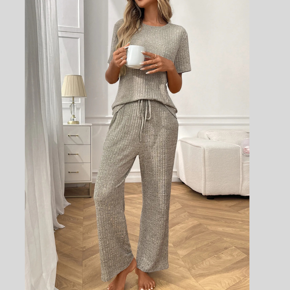 Ribbed Knit Short Sleeve Top and Pants Lounge Set