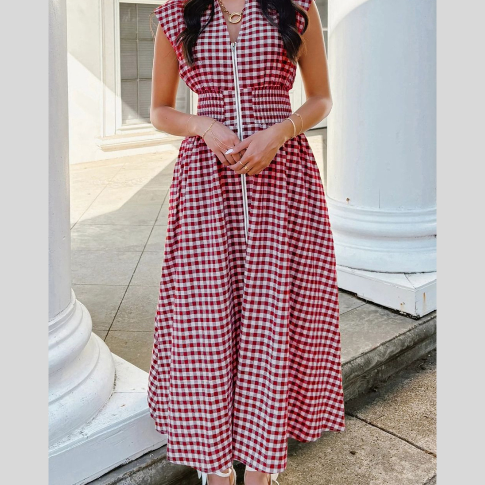 Gingham Zip-Front Midi Dress