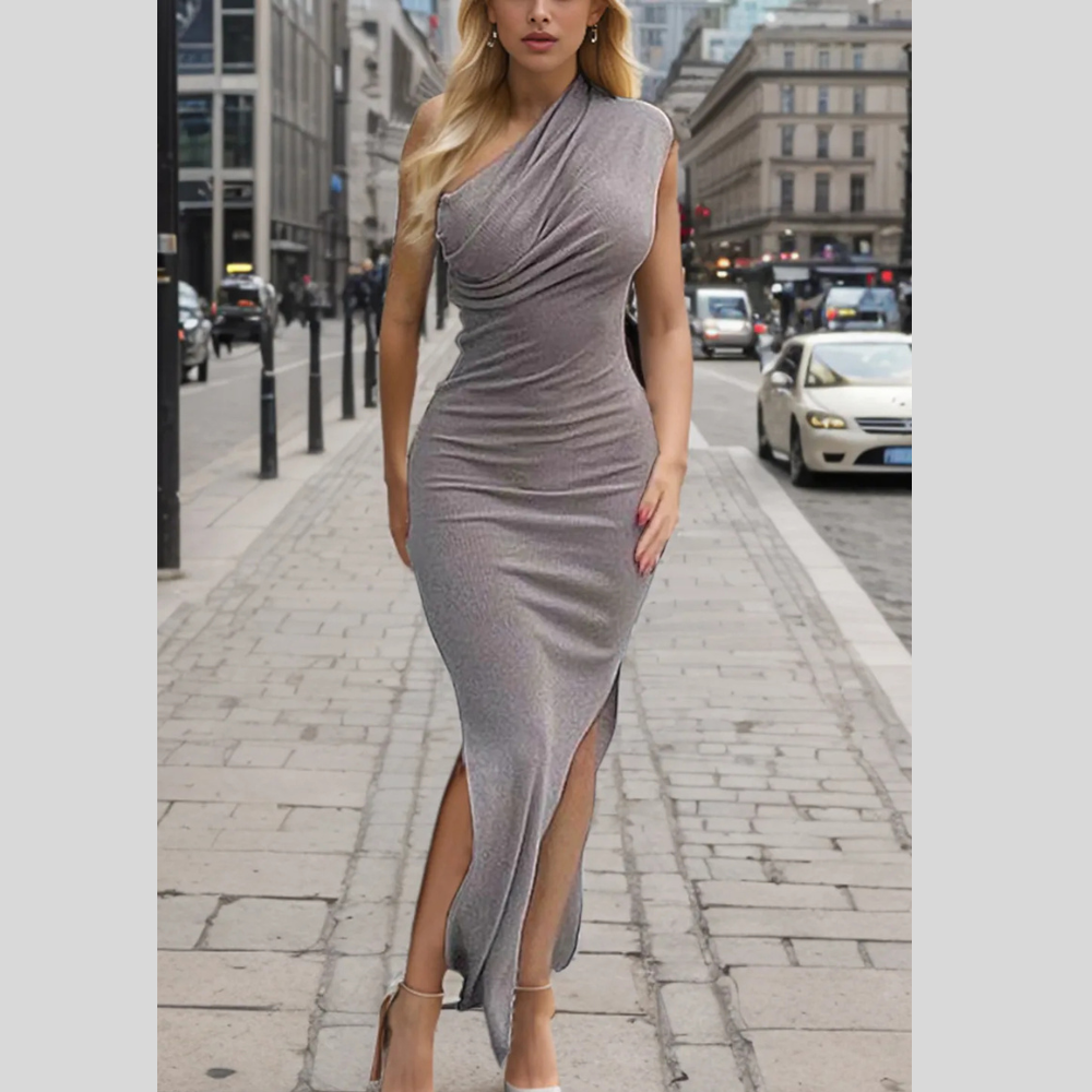 Ribbed Slit Single Shoulder Wrap Dress