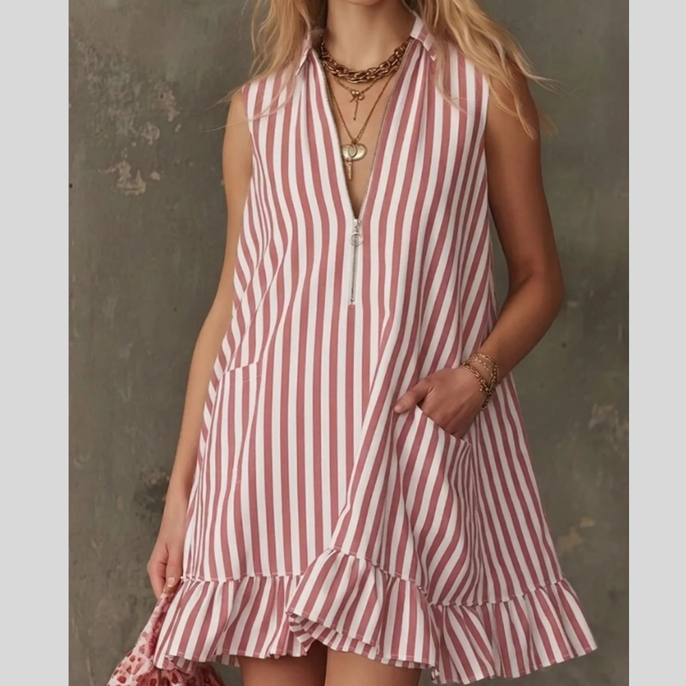Striped Zipper Neck Ruffle Hem Dress