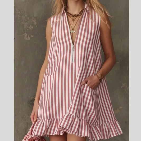 Striped Zipper Neck Ruffle Hem Dress