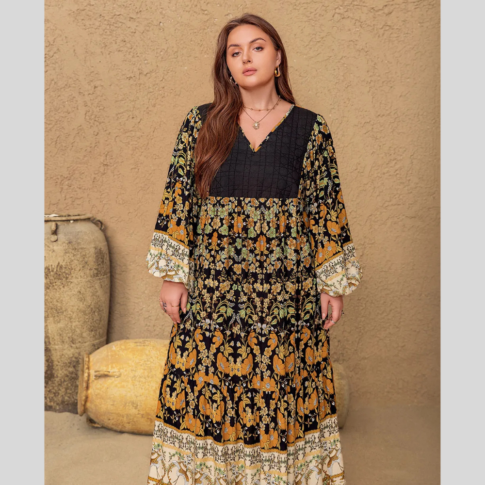Plus Size Floral V-Neck Balloon Sleeve Midi Dress